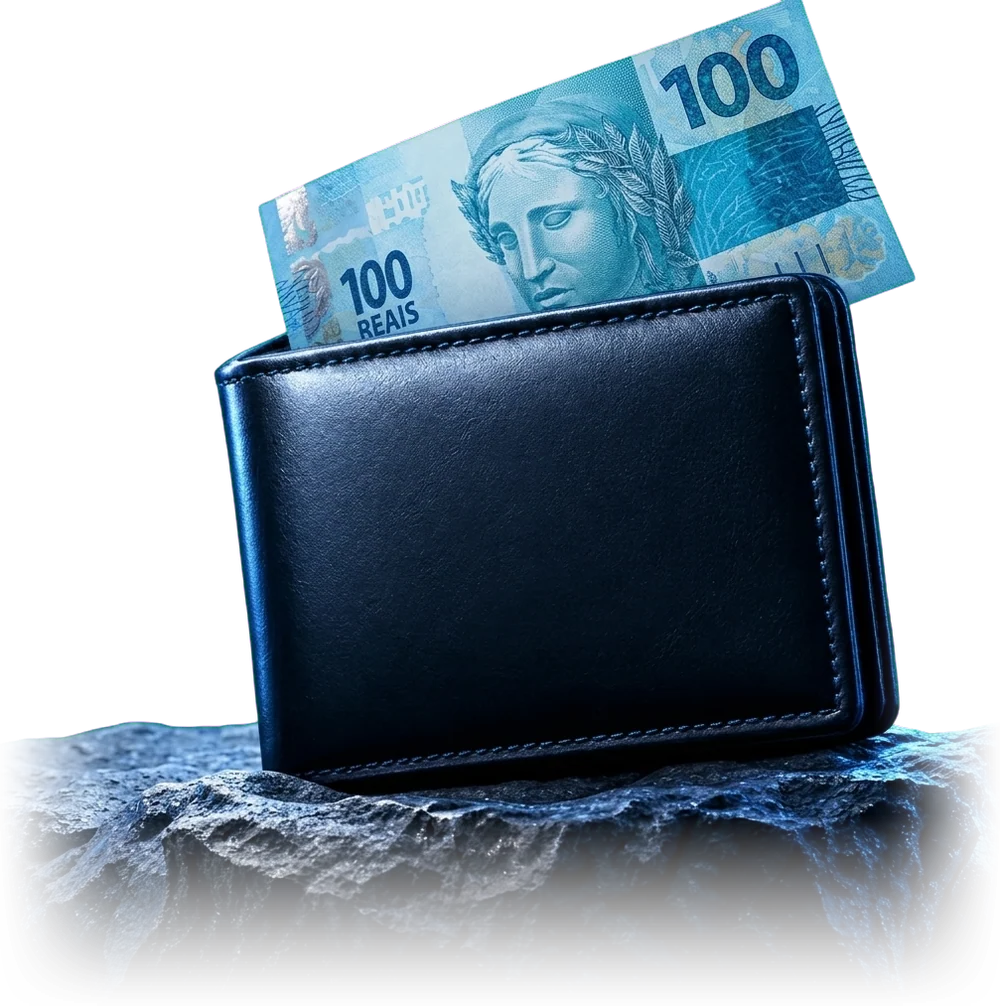Carteira com nota de cem reais sobre uma rocha