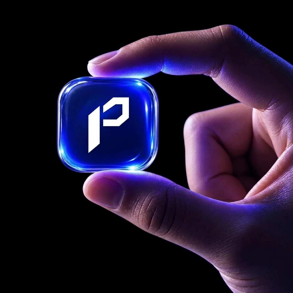 Mão segurando uma peça luminosa com o símbolo da marca